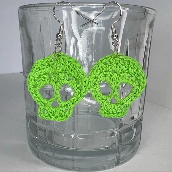 Handmade Crochet Skull Earrings on Hypoallergenic White Gold Plated Hooks - Picture 5 of 6